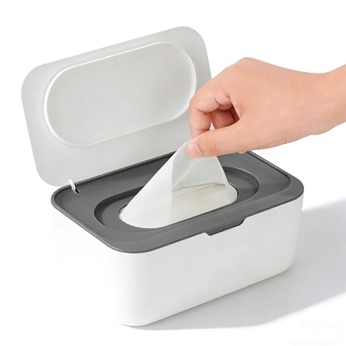XxinXrong Feuchttücher Spender Box Nachfüllbare Feuchttuch-Box mit Deckel Hält Feuchttücher Frisch & Sauber Einhand-Bedienung Grau Ideal für Bad WC und Kinderzimmer