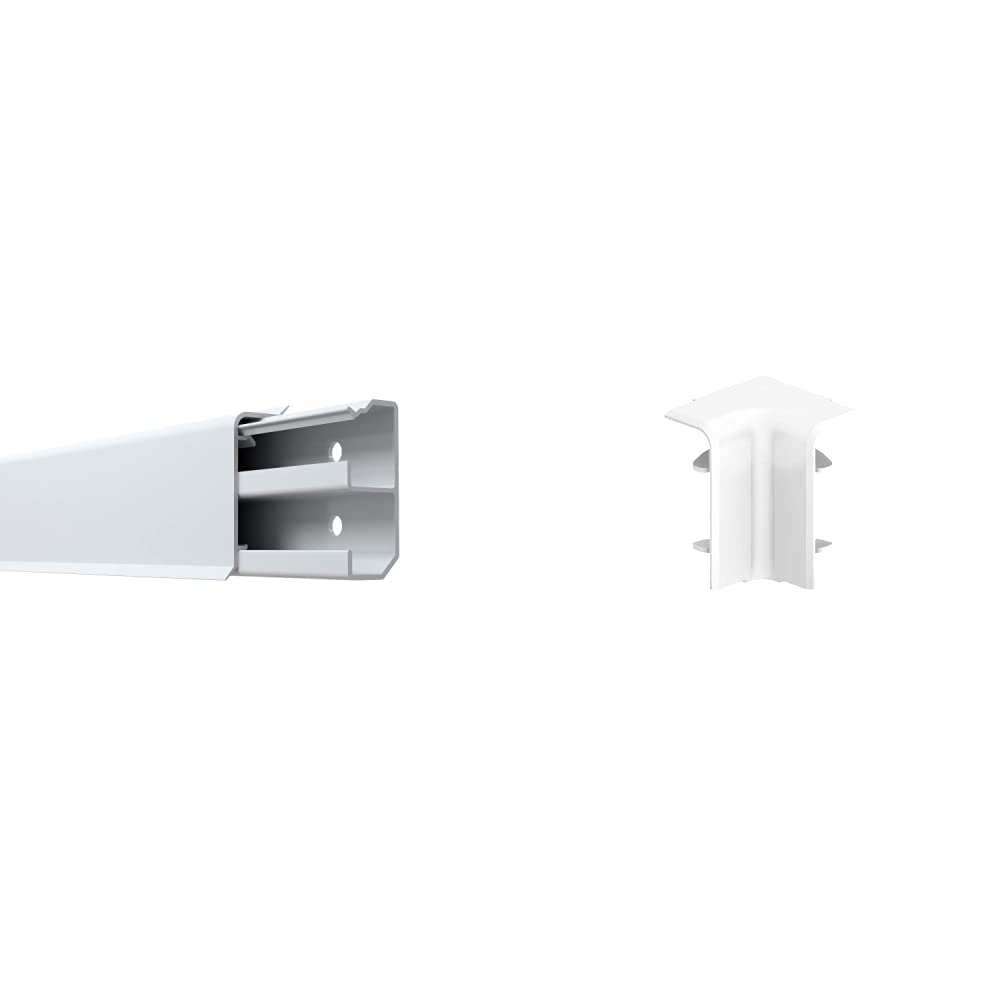 Habengut 6 m Sockelleiste aus PVC, mit integriertem Kabelkanal, Farbe: Weiß, Höhe: 50 mm (4 Stück Länge 1,5 m) & Innenecke für Sockelleiste 50 mm aus PVC, Farbe: Weiß | Inhalt: 1 Stück