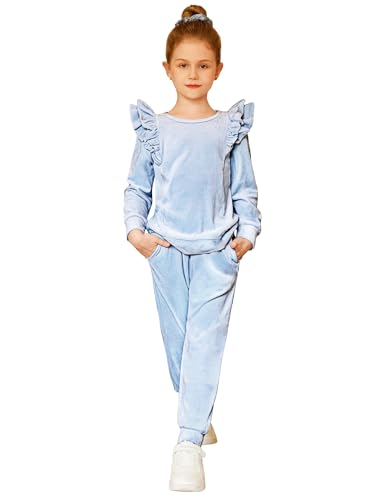 Image of Arshiner Girls 2 Piece Outfits Velour Tracksuit Ruffle Sweatshirt Sweatpant