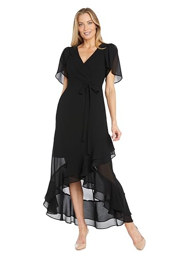 R&M Richards Long Chiffon Dress W/Mock Wrap Bodice & Hi-Lo Ruffle Hemline
