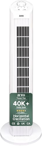 Zuvo 30 Tower Fan for Bedroom | Quiet Bladeless Oscillating Standing Fan 3 Speeds 90 Wide Oscillation 2-Hour Timer | Home Living Room & Office | White