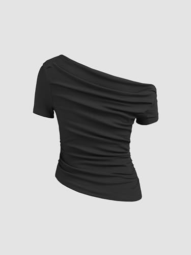 CIDER Asymmetrical Neck Ruched Short Sleeve Top4