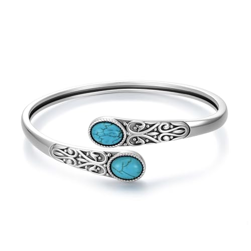 Genuine Turquoise Bracelet Bangle for Women Men 925 Sterling Silver Handmade Adjustable Open Cuff Bangle Boho Navajo Style Natural Stone Jewelry Gifts