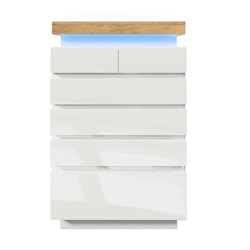 Hommdiy Kommode, Hochglanz Sideboard mit 6 Schubladen, LED Beleuchtung (App Control), Mehrzweckschrank für Wohnzimmer und Schlafzimmer, 115 x 73 x 39 cm, Weiß