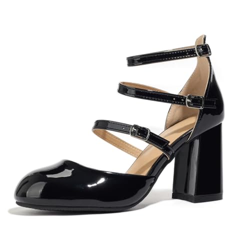 BYOMIGY Mary Jane Shoes Women Triple Strap High Heels Chunky Block Ankle Strap Round Toe Pumps Party Wedding Closed Toe Dress Shoes