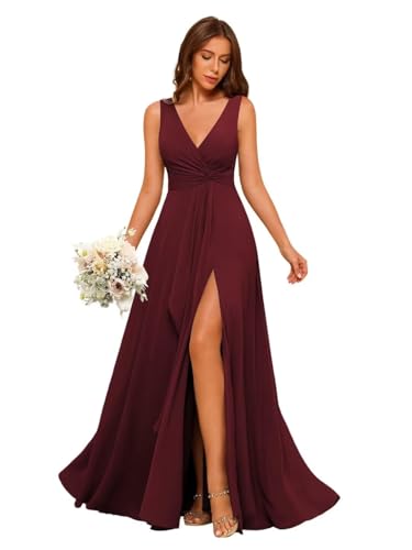 RSOETOO Chiffon Bridesmaid Dresses with Pockets A-line Ruffles Long Chiffon Formal Party Dress with Slit RO056