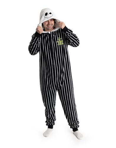 Disney The Nightmare Before Christmas Jack Skellington Unisex Black Onesie | Hooded Zip-Up Loungewear in Striped Cosy Fleece Merch - Large