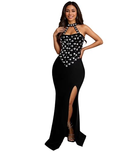 Image of Jigfar Women Sexy Elegant Rhinestone Mesh See Through Party Club Night Split Bodycon Formal Maxi Dress