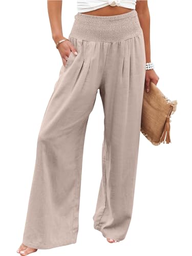 ANRABESS Women Linen Palazzo Pants Summer Boho Wide Leg High Waist Casual Lounge Pant 2026 Beach Travel Vacation Outfits Beige Small