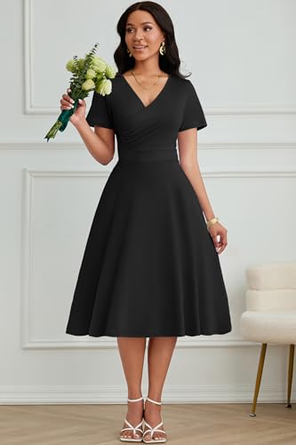 Image of Nmoder Casual Wrap Midi Dresses for Women Wedding Guest Cocktail Tea A-Line Swing Dresses V Neck Short Sleeve with Pockets Black L