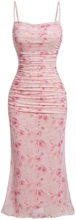 GORGLITTER Women&#39;s Floral Ruched Bodycon Midi Dress Mesh Sleeveless Fishtail Cami Dresses