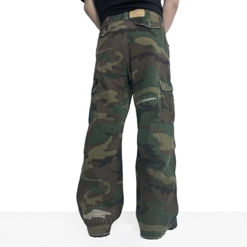 Mens Irregular Ripped Frayed Straight Leg Vintage Camo Denim Pants with Cargo Pockets2