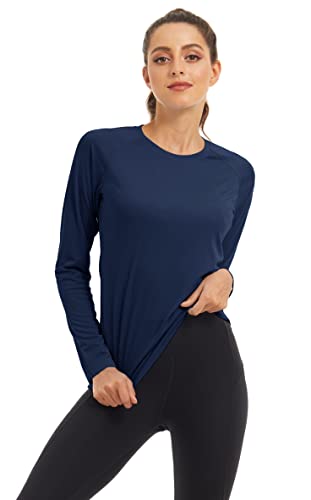 Magcomsen Running Shirts For Women Quick Dry Sun Protection Shirts Rashguard Shirts Women Long Sleeve Summer Tops T Shirts For Women Navy #TOP3