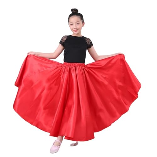 Girls Satin Ankle Length Swing Dance Full Circle Dance Skirt for Belly Dance Folk and Praise Dresses (US, Alpha, One Size, Regular, Long, Red)
