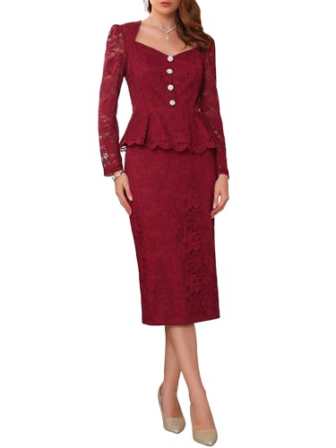 Women's Lace Formal 2 Pieces Suits Outfits Sweetheart Neck Peplum Top Elegant Cocktail Skirt Sets