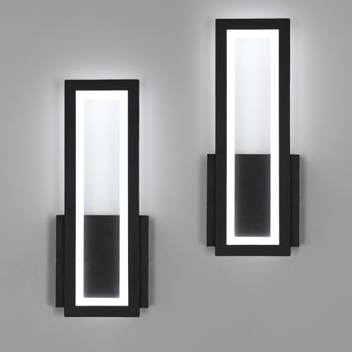 Osairous Lampada da Parete Interno LED, 2 Pezzi 16W 1800LM Applique LED da Parete Moderno in Acrilico, Lampada a Muro Nera Camera da Letto Bianco Freddo 6500K per Soggiorno Corridoio Studio, 32CM