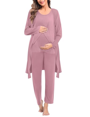 SWOMOG Maternity Nursing Robe Set 3 PCS Postpartum Breastfeeding Pajamas Hospital Pregnancy Pjs Double Layer Lounge Set, Taro Purple Large