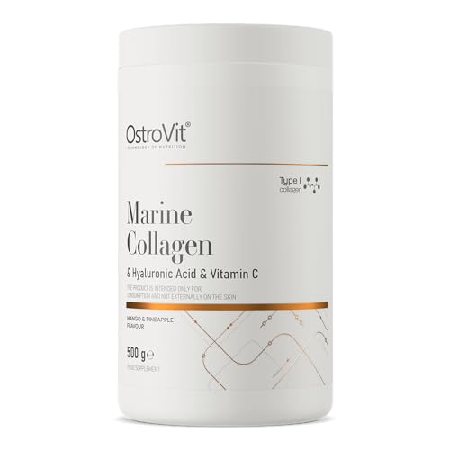 Collagene marino in polvere [500 g] collagene marino premium per bere idrolizzato | peptidi di collagene di pesce tipo 1 con acido ialuronico e vitamina C | Gusto mango con ananas OstroVit