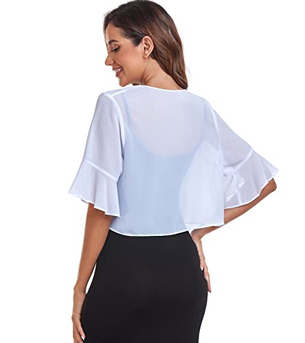 Womens Shrug Chiffon Short Sleeve Open Front Sheer Cardigan For Evening Dress(White,L) #TOP6