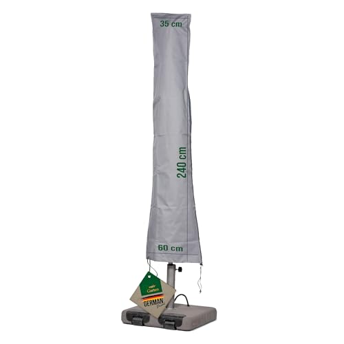 Mehr Garten Housse de Protection pour parasols | 240 cm x 35/60 cm | Convient pour Parasol Jusqu’à Ø 450 cm | Polyester tissé Oxford 600D, Couleur : Gris
