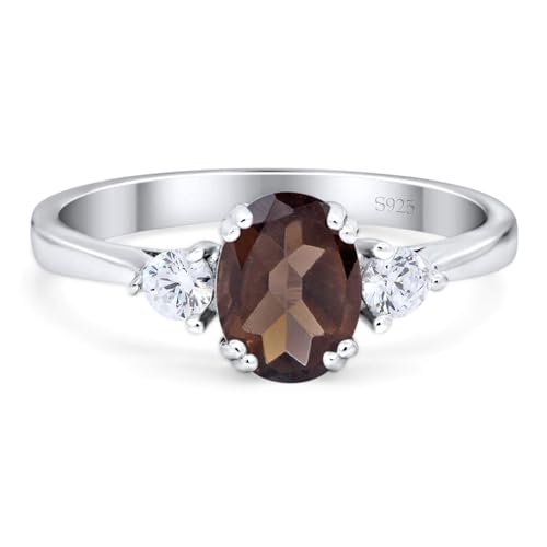 OMRANII Three Stone Art Deco Ring Oval Natural Chocolate Smoky Quartz Vintage Style CZ Wedding Engagement Rings For Women 925 Sterling Silver Birthday Gift For Her