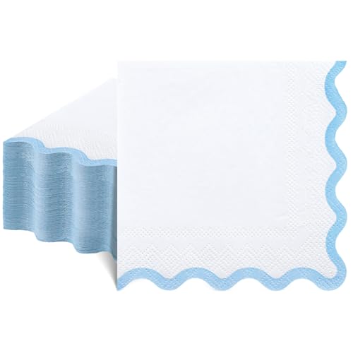 NatNarr 80 Pcs Light Blue and White Napkins 3 Ply Scalloped Cocktail Napkins Disposable Dessert Beverage Napkin Cute Dinner Napkin for Baby Bridal Shower Wedding Birthday 5 x 5 Inch