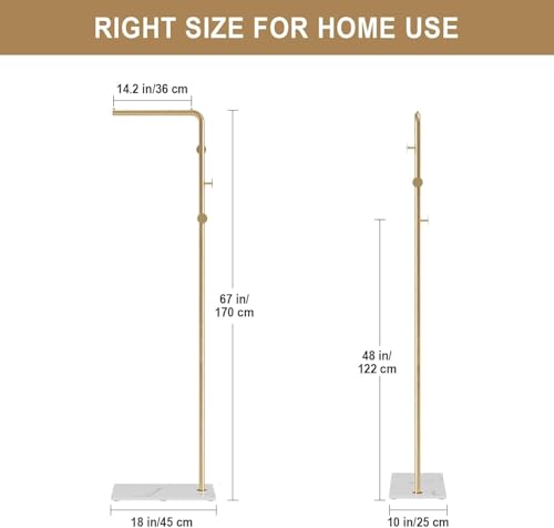 حامل معاطف معدني قائم بذاته مقاس 170 سم مع 3 خطافات وقاعدة ثقيلة من الرخام الطبيعي، حامل ملابس وقبعة لغرفة النوم/الرواق/المدخل/غرفة المعيشة (ذهبي + ابيض)