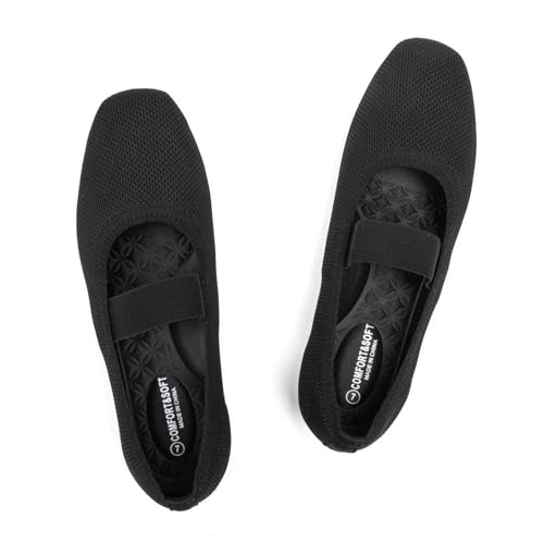 Frank Mully Women's Ballet Flats Slip on Casual Knitted Fabric Shoes Square-Toe Flats with Elastic Straps for Women