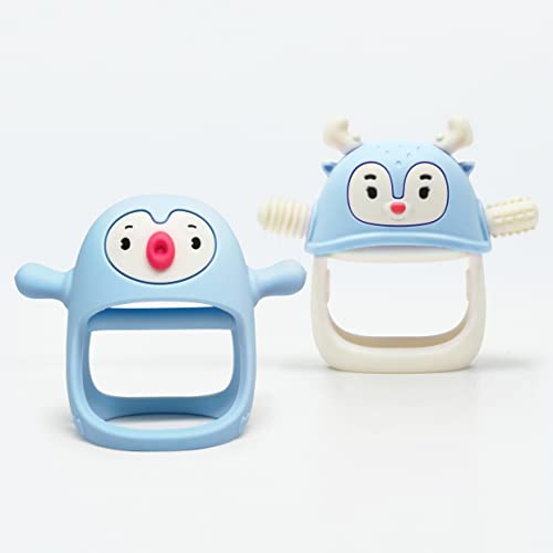 Image of Smily Mia Baby Teething Toys for 0-6Months, Baby Teether for 6-12Months, Never Drop Penguin and Reindeer Baby Gift Set, Perfect Baby Easter Basket Stuffers, Hand Pacifer+Hand Teether Set, Light Blue