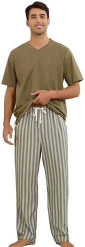 Vulcanodon Mens Pajama Set, Soft Cotton Short Sleeve Lounge Pjs Cozy Breathable Sleepwear with Pockets(ARMY GREEN/ARMY GREEN WHITE STRIPE,L)