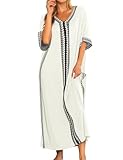 Bloggerlove Plus Size Nightgown for Women Cotton Short Sleeve House Dress Long Caftan Sleepwear Summer Flowy Mumu Dress White XXL