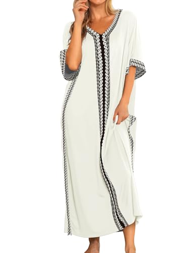 Image of Bloggerlove Women Nightgowns Cotton Caftan House Dress Short Sleeve Sleepwear Vacation Beach Moo Moos Dress with Pockets