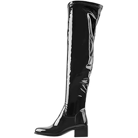 MissHeel Women Over Knee High Boots Thigh High Heels Size 9 Low Long Boots Black Patent Leather Cover