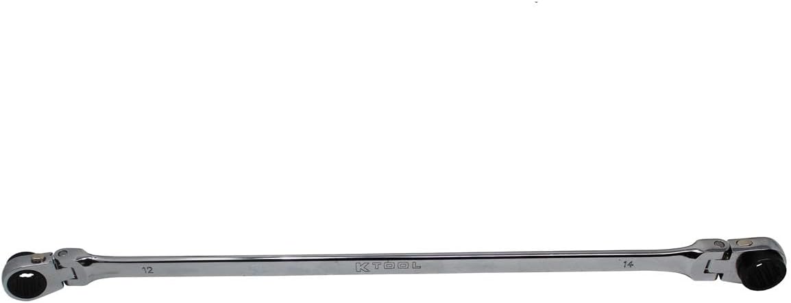 K Tool International XDDB12X14 Extra Long Reversible Ratcheting Wrench with Flexible Design Rotating Heads Spline Plus Gear Mechanism Tight Space Performance Raised Box End Access