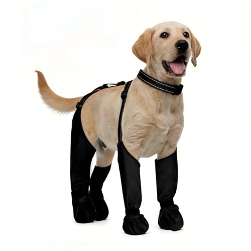 All-in-One Dog Suspender Boots for Small Medium & Large Dogs Waterproof Paw Protectors with Non-Slip Sole & Reflective Straps Ideal for Rain Snow and Hiking (Black XS)