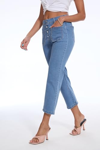 SESERAGI Womens Lightweight Capri Pants Elastic Waist High Waisted Flare Stretchy Summer Cropped Denim Jeans with Pockets2