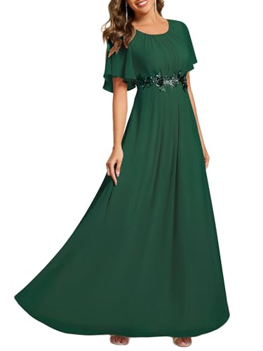 Image of Ever-Pretty Women's Classic Round Neck Pleated Short Sleeves Chiffon Appliques Floor Length A Line Formal Evening Dresses