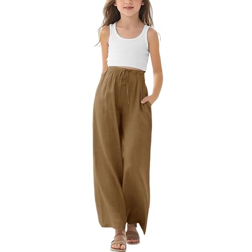Girl's Sweatpants Elastic Waist Wide Straight Leg Pants High Waisted Casual Baggy Jogger Girls Linen Pants2