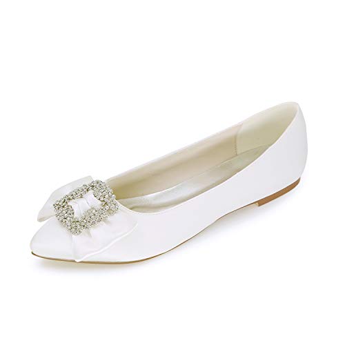 Eldecey Women's Wedding Flats Pointy Toe Flats Low Heel Pumps Wedding Shoes for Bride Flats Satin Wedding Crystals Flats Wedding Evening Prom Dress Shoes White US10.5