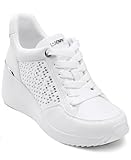 DKNY Women's Kalinda Studded Lace Up Wedge Sneaker, Bright White, 8