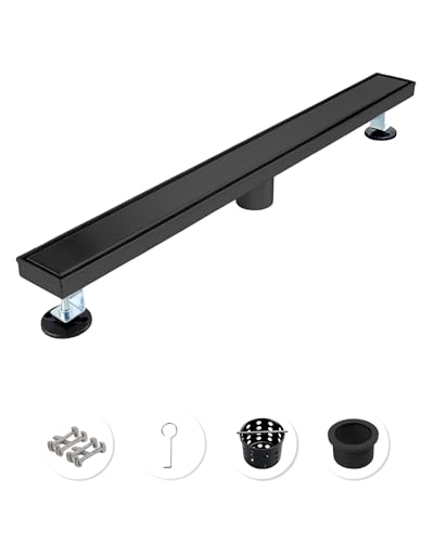 Image of 28 Inch Matte Black Linear Shower Drain | CUPC Certified 2-in-1 Tile Insert for Curbless Showers. 304 Steel, 15.8GPM Flow. Includes Hair Catcher & Adjustable Feet.