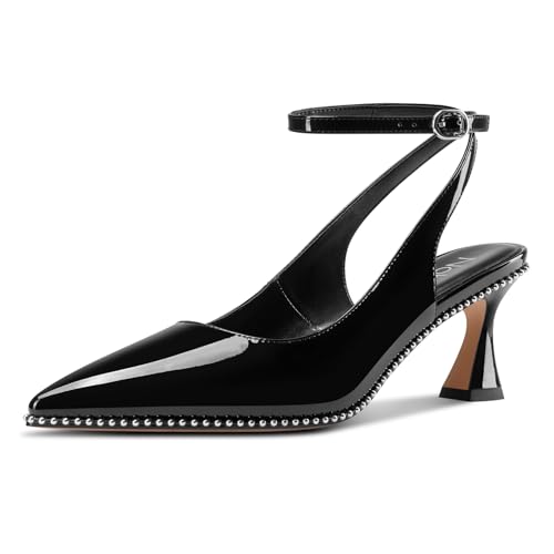 NobleOnly Womens Slingback Heels Beaded Pumps Ankle Strap Pointed Toe Kitten Heels Dress Shoes 2.6 Inches