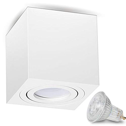 Preisvergleich Produktbild JVS Aufbauleuchte Aufbaustrahler Deckenleuchte Aufputz DIMMBAR LED 7W Neutralweiß MILANO GU10 Fassung 230V Eckig Weiß schwenkbar Deckenleuchte Strahler Deckenlampe Aufbau-lampe Downlight aus Aluminium