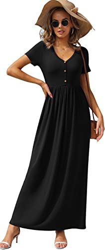GRECERELLE Womens Long Maxi Dresses 2025 Short Sleeve V Neck Casual Summer Button Dress with Pockets3