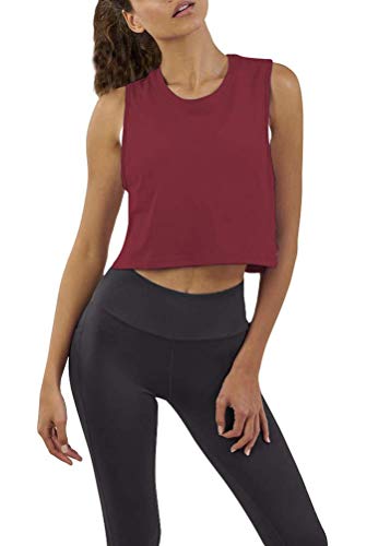 Mippo Crop Workout Tops for Women Cropped Muscle Tank Sleeveless Workout Shirts Flowy Sports Gym Tank Tops High Neck Workout Crop Tops Loose Fit Wine Red XS