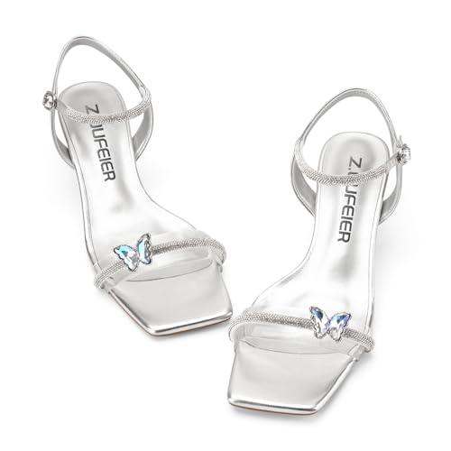 Image of Z.Oufeier Women's Crystal Clear Strap Chunky Block Transparent Heel Rhinestone Butterfly Sandals Ankle Strap Square Open Toe Summer Dress Heels Shoes