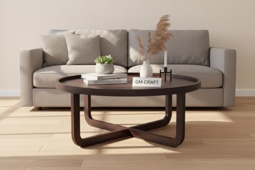 Image of Sheeshsam Wooden Center Coffee Table - Solid Wooden Round Coffee Table for Living Room - Tea Table Teapoy Center Piece for Home Sofa Round Center Table for Living Room (Walnut, Kyle1)