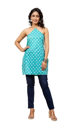 Image of Women's Printed Halter Neck Kurti Top | Sleeveless V-Neck Short Tunic with Back Tie-Up | Casual Ethnic & Summer Wear