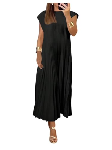 GORGLITTER Women's Pleated Church Maxi Dresses Summer Casual Short Sleeve Crew Neck Flowy Loose Long Sundresses 2025