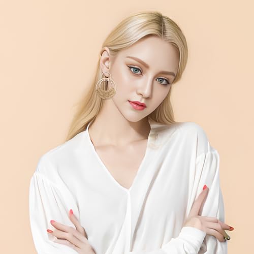 hoyuwak 2 Pairs Rattan Weave Earrings Boho Raffia Dangle Hoop Earrings Handmade Straw Wicker for Women Summer Beach Party, Beige Khaki 5